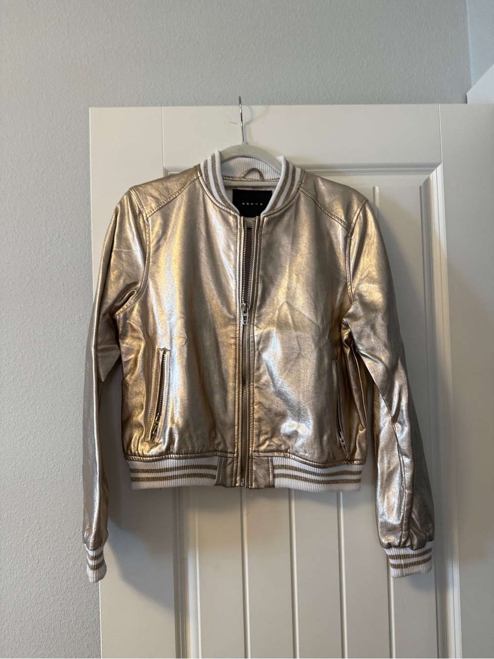 Blank NYC Metallic Rose Gold Bomber Jacket with Contrast Stripe Trim